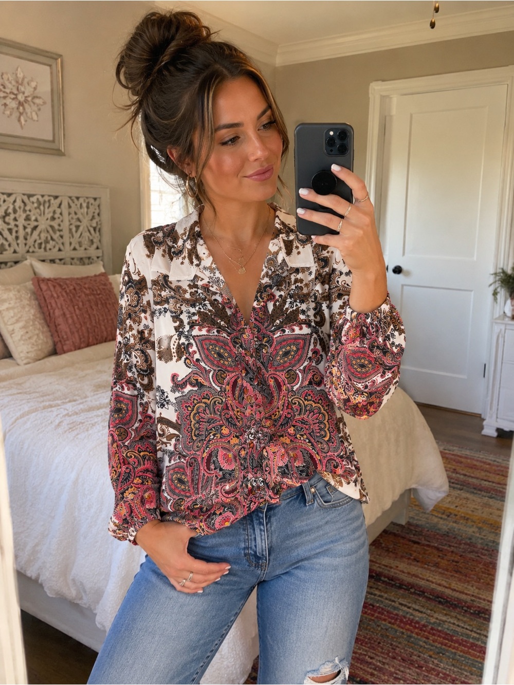 JM Collection Paisley Button-Front Long Sleeve Top